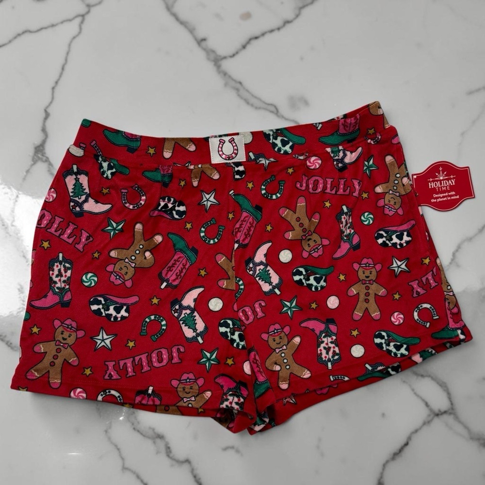 Holiday Time Jolly Cowgirl Gingerbread Plush Pajama Shorts Women's M 8-10